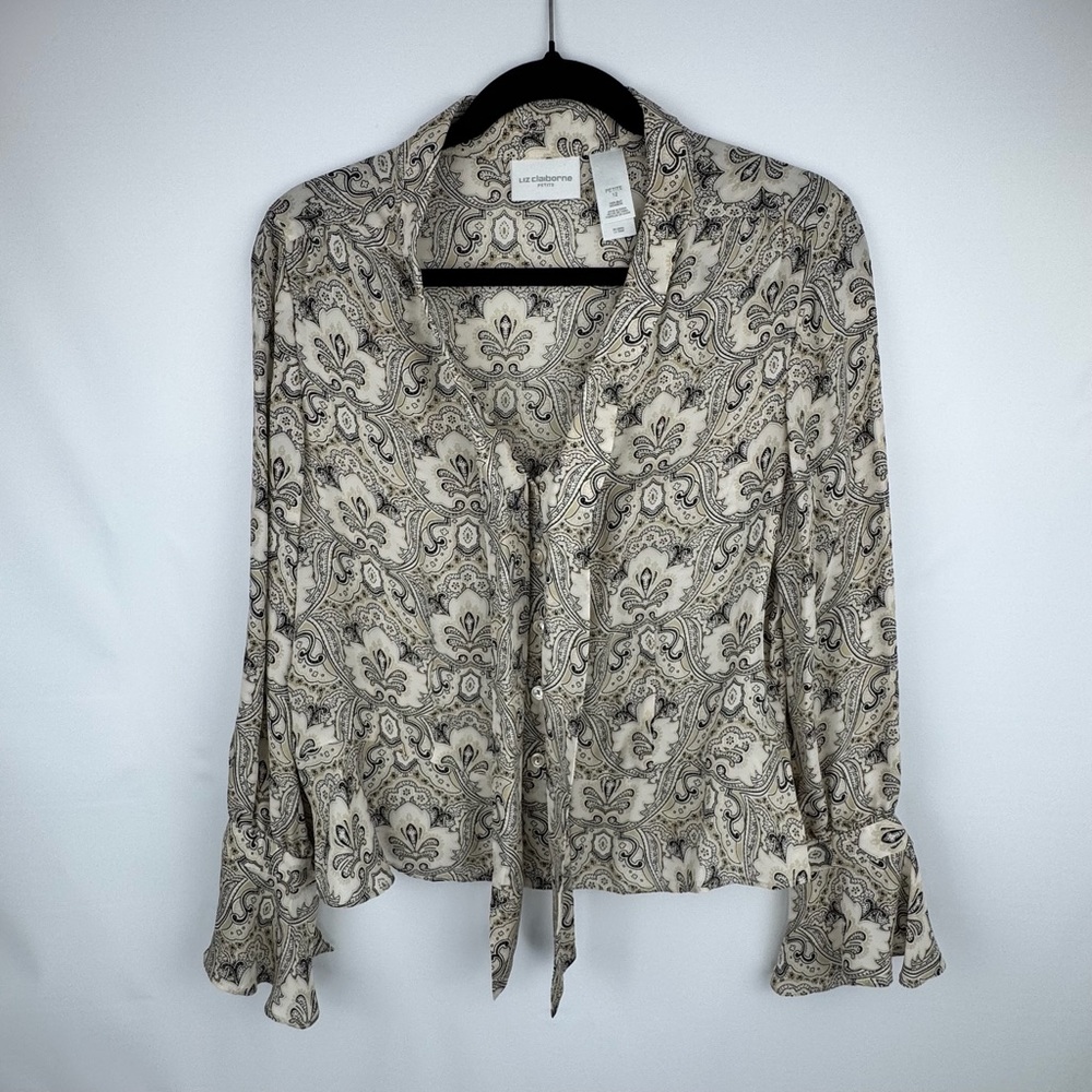 Liz Claiborne 100% Silk Tie-Front Paisley Blouse Size 12P Flowy Top Bell Sleeves
